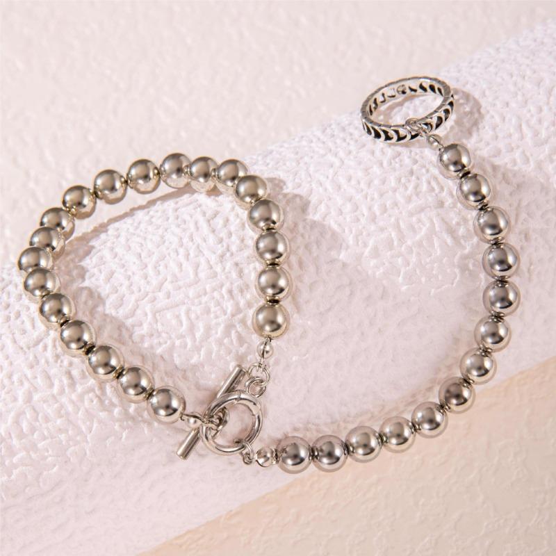Beautiful Fashion Elegant Silver Color Ball Beads Chain Bracelet with Ring Women Lady Cute Bracelet Gorgeous Jewelry