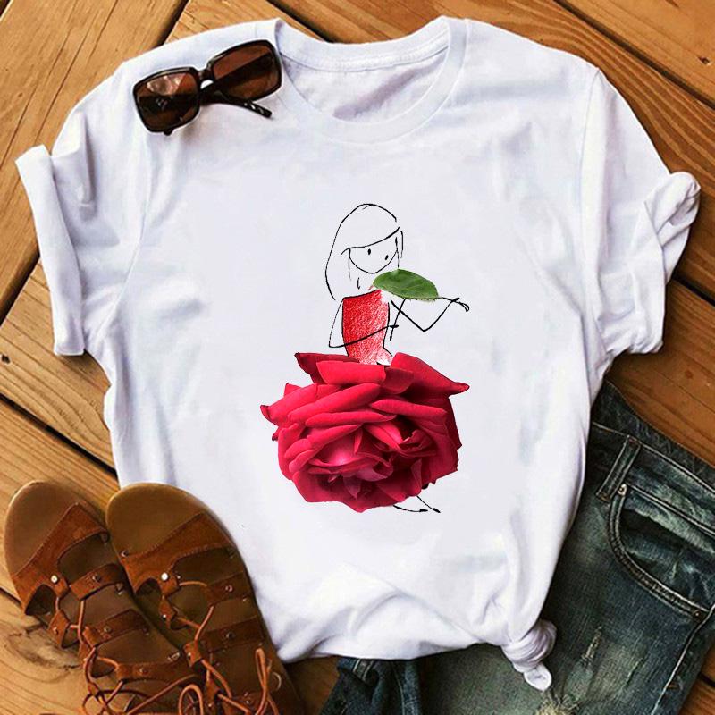 Fashion Flowers Red Rose Skirt Print T-shirt Women T Shirt Femme Harajuku Shorts Sleeves Shirt Summmer Tops Tshirt