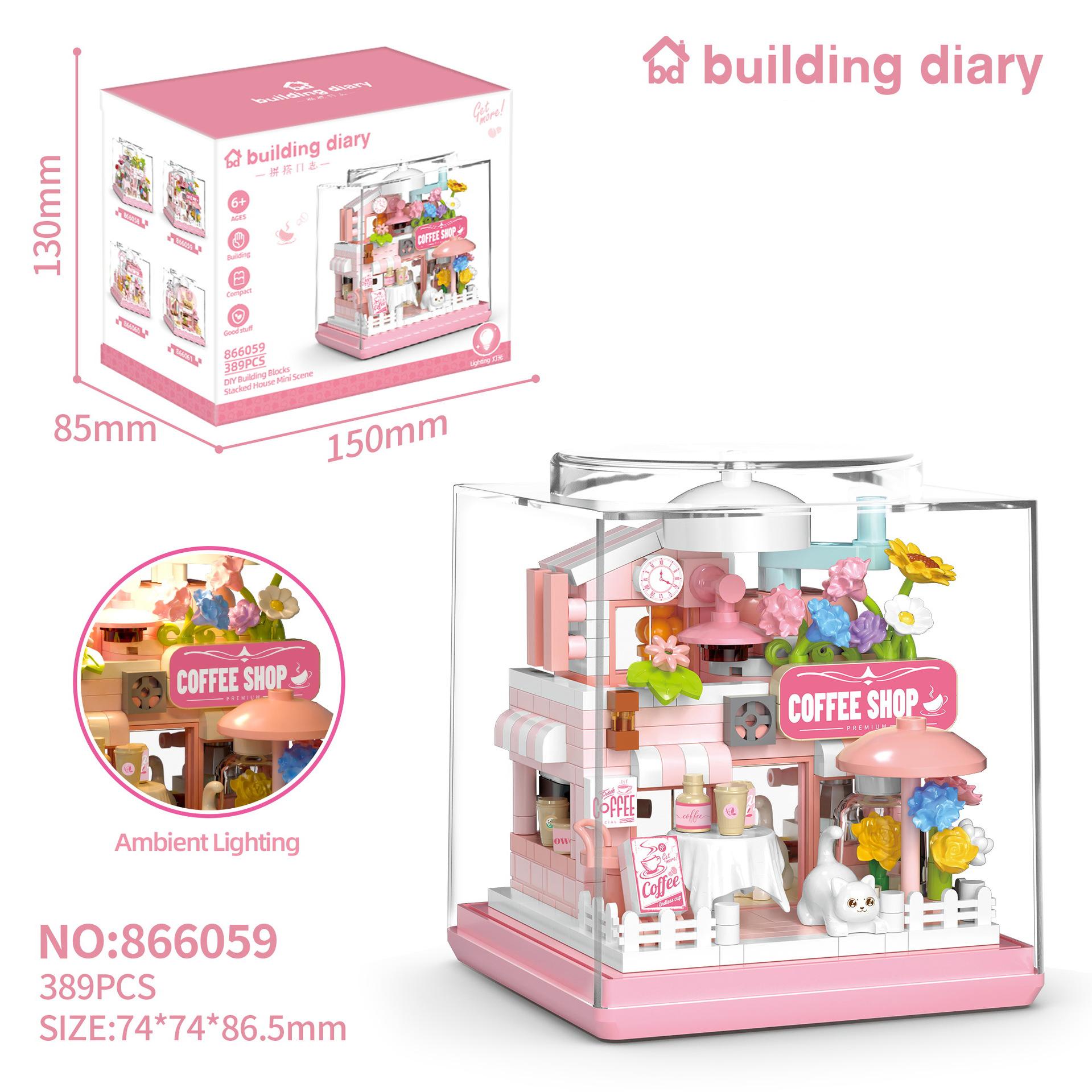 

Animation Animal Micro Diamond Block Cat Flower Coffee Pets Shop Bakery 3D Wall Construction Brick Idea Plaything With Light Nanobricks