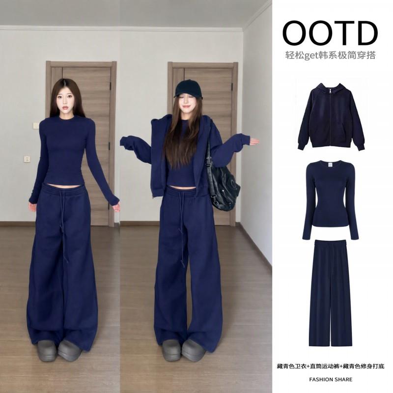 Womens Brown 3-Piece Casual Set: Oversized Hoodie Long Sleeve Top Straight Leg Pants Korean Style Loose Fit Cotton Blend All