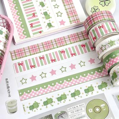 5pcs Basic Grid Clover Bow Decor Tape Cute Cartoon Creative Washi Tape School Stationery Stickers