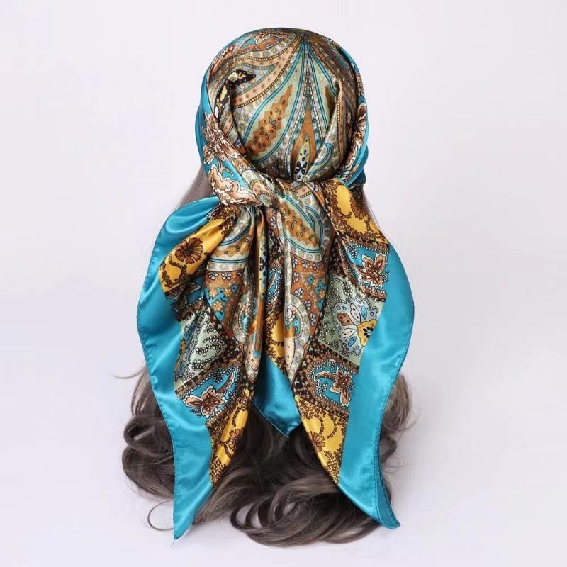 Eșarfă pentru cap femei de marcă de lux pătrată 90*90cm Bandana de satin de mătase Foulard Moale Batic Hijab Eșarfe de păr pentru doamne