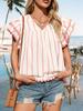 Women's Vertical Striped Blouse V Neck Ruffle Sleeve Pleated Trim Summer Top
