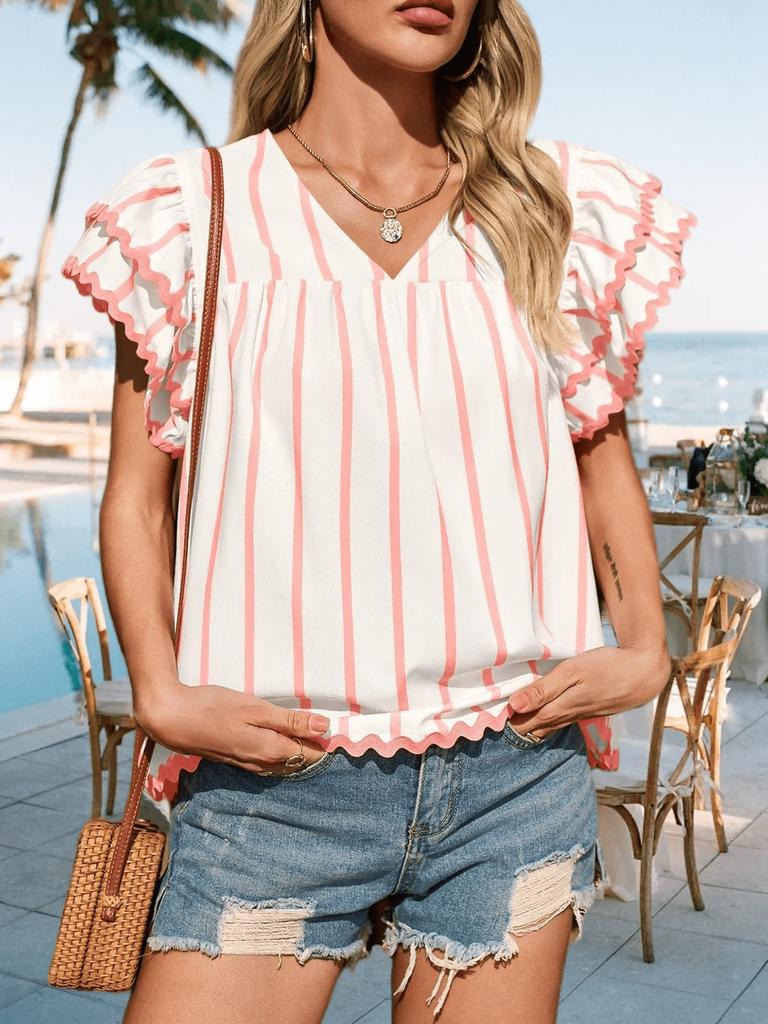 Women's Vertical Striped Blouse V Neck Ruffle Sleeve Pleated Trim Summer Top