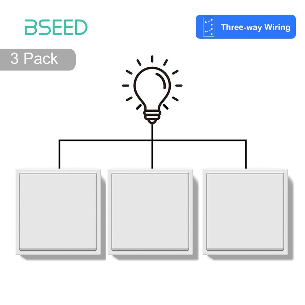 BSEED 1Gang 3Way Mechanical Button Switches Wall Light Switches EU Standard 80mm*80mm Plastic Frame 3Pack 10A