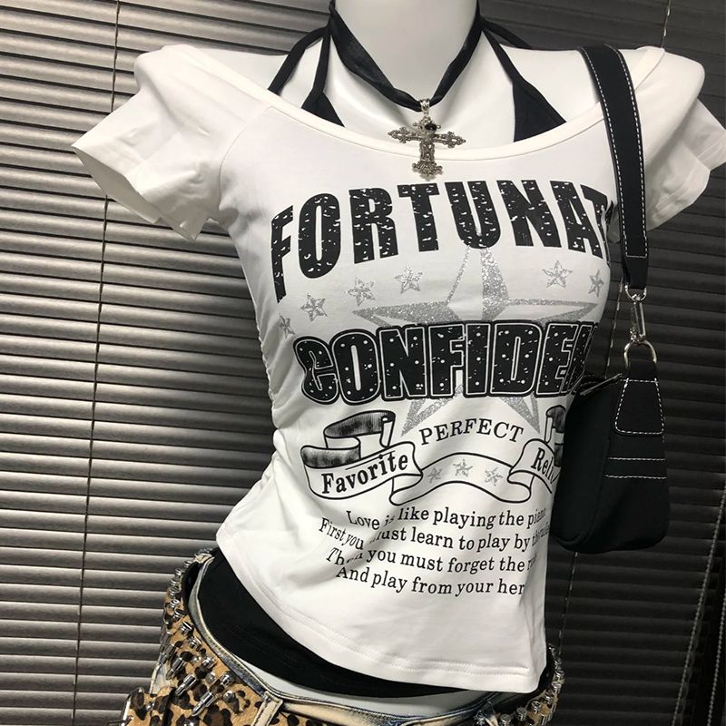 Dame Retro T-skjorter Hvite Bokstaver Bandasjekrager Design Jenter Y2K Topper