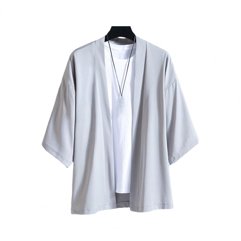 Весна Лето Мужская Рубашка Кардиган Китайский Стиль Рукава Три Четверти Открытая Строчка Свободная Повседневная Одежда Школа Свидания Топ Средней Длины M светло-серый 1714₽