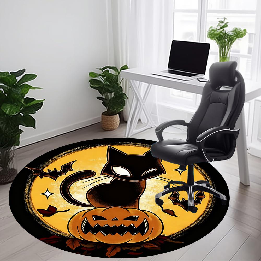 1PC Halloween Cat Office Round Area Rug,  Mat Suitable ForOffice, Under Office Chairs Bedroom Living Room Home Decor, Room Deco