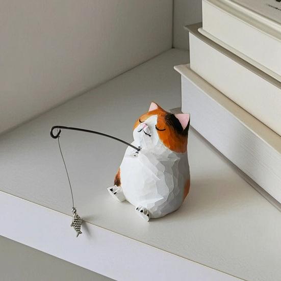 Hand-Carved Wood Ornaments Fishing Cat Sculpture Miniature Solid Wood Desktop Decor Eco-Friendly Painted Cat Figurine for Home Office Gift