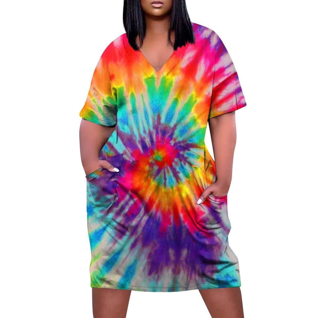 Women's Summer Plus Size V-neck Short Sleeve Print Knee Pocket Casual Dress