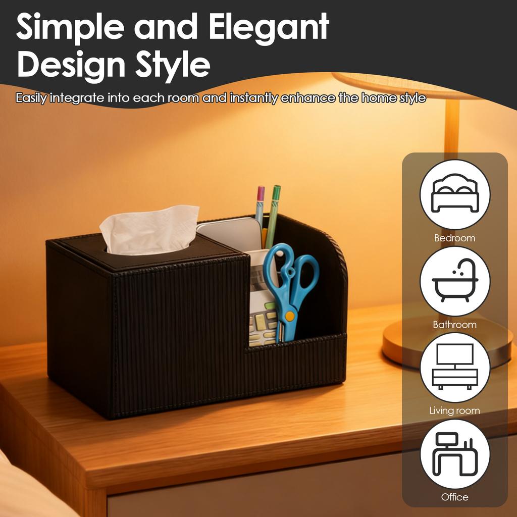 PU Leather Tissue Box Cover with Remote Holder Multifunctional Tissue Box Decorative Tissue Pen Remote Organizer for Home/Office