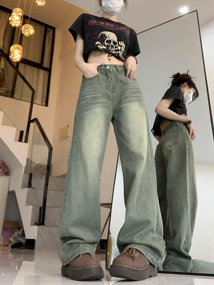 Women s Summer Hong Kong Style Retro Army Green Wide-Leg Distressed Jeans M