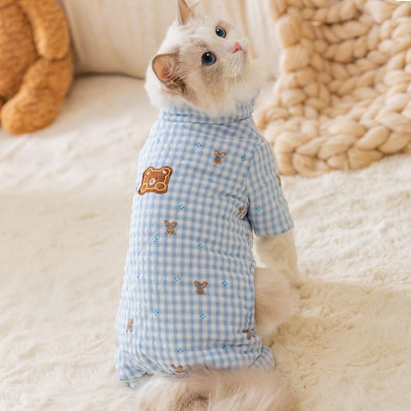 Warm Winter Cat Jumpsuit With Bear Print Checkered Fleece-Lined Cotton Blend Small To Large Cats