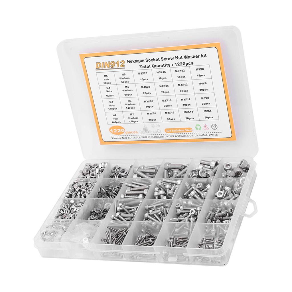 1220Pcs Screw Nut Washer Assortment M2 M3 M4 M5 Round Head Hex Socket Stainless Steel Fastener