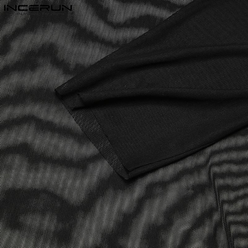 INCERUN Modne męskie koszule z siateczką na szyję i długim rękawem Slim Fit Party Club długie podkoszulki