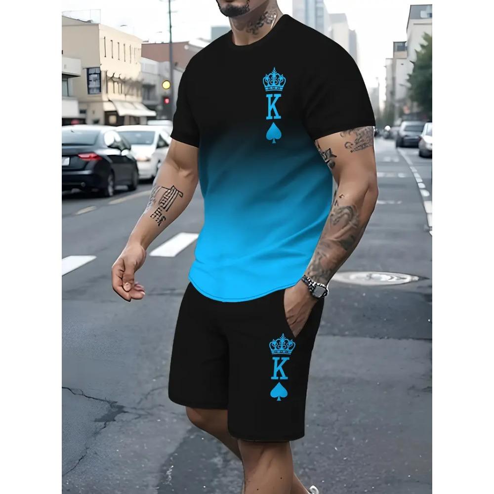 Summer Casual Men's Adult Set 3D Printed Pattern Men's Short-Sleeved T-shirt Set Gradient Cool Casual Sports Shorts two-Piece