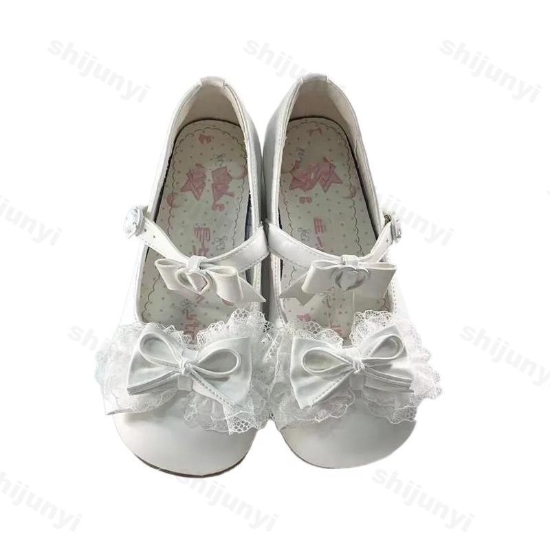 Lace Bow Knot Women's Mary Jane Shoes 2025 New Sweet Ballet Dance Shoes Buckle Strap Comfortable Princess Leather Shoes