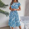Women Floral Pleated High Waist A Line Long Dress Short Sleeve Spring Summer
