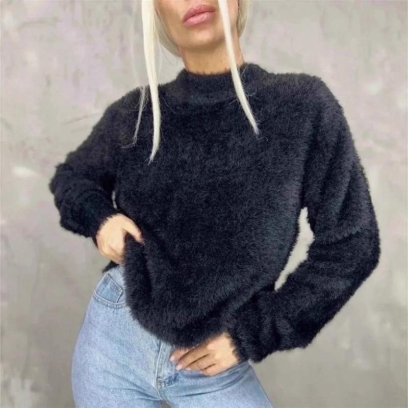 Autumn and winter new lazy wind round neck imitation mink long-sleeved pullover sweater women's loose thickened solid color soft waxy knitted sweater