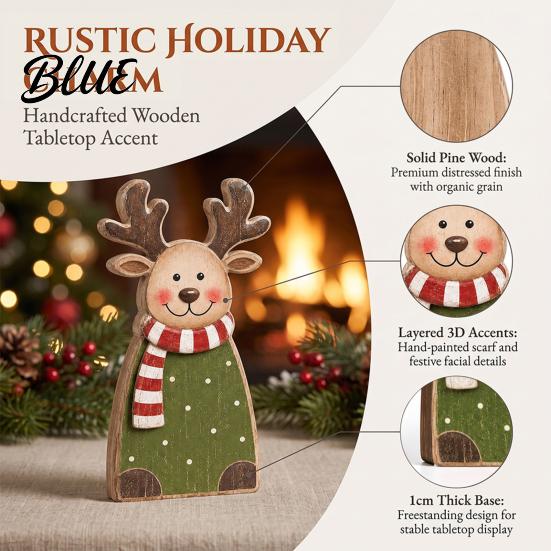 Holiday Gift for Friends Family Wooden Christmas Tabletop Decor, Santa Snowman Reindeer Figurine, Rustic Small Decorative Wood Art Pieces Shelf Sitter