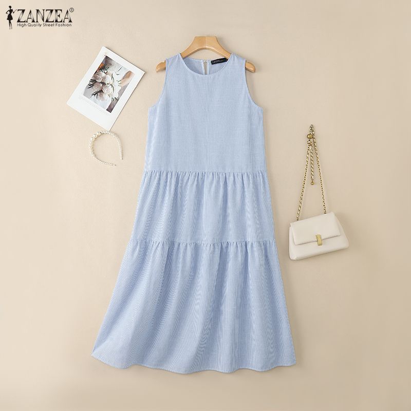 ZANZEA Women Round Neck Loose Casual Stripe Sleeveless Dress