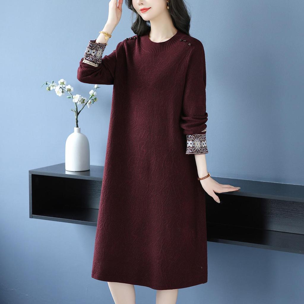 2025 Elegant Plus Size Woolen Knit Dress: Winter Slimming Long Skirt