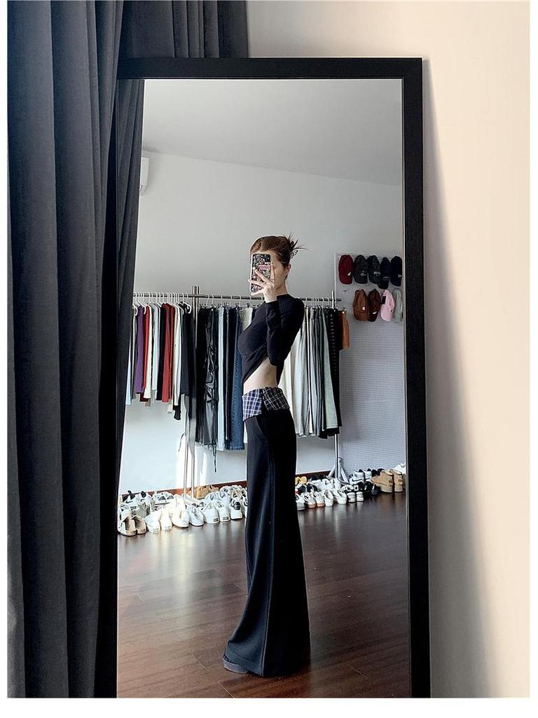 Women's High-Waisted Black Plaid Wide-Leg Patchwork Pants - Autumn 2025 Collection