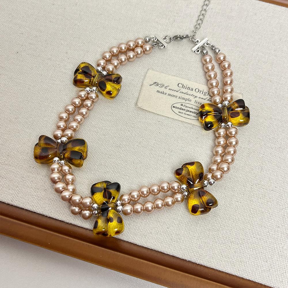 Leopard Print Bow Double Layered Necklace Imitation Pearl Resin Bow Hottie Y2K Retro Design Collarbone Chain Women's Jewelry