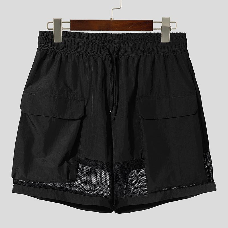 INCERUN Men Drawstring Elastic Waist Mesh Patchwork Casual Cargo Shorts Pants Outdoor S чёрный