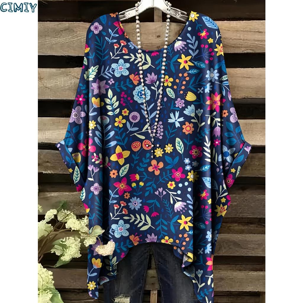 Elegante Blumenmuster-Bluse für Damen - Hellviolett mit weißen Blumen Langarm Rundhalsausschnitt Perfekt für Frühling & Herbst