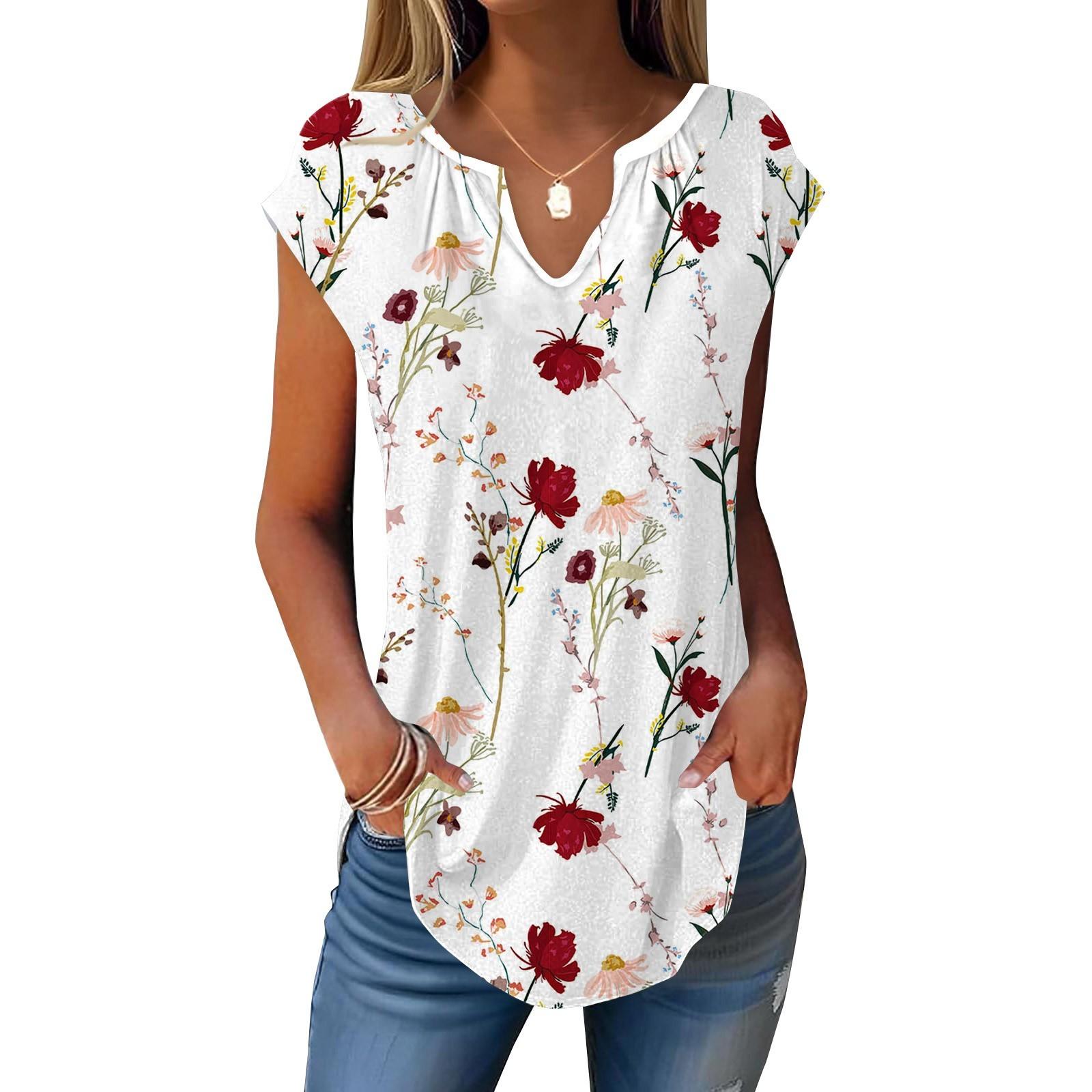 

Летние футболки с короткими рукавами для женщин, модные свободные повседневные нарядные туники с V-образным вырезом, плиссированные топы на бретелях XL красный