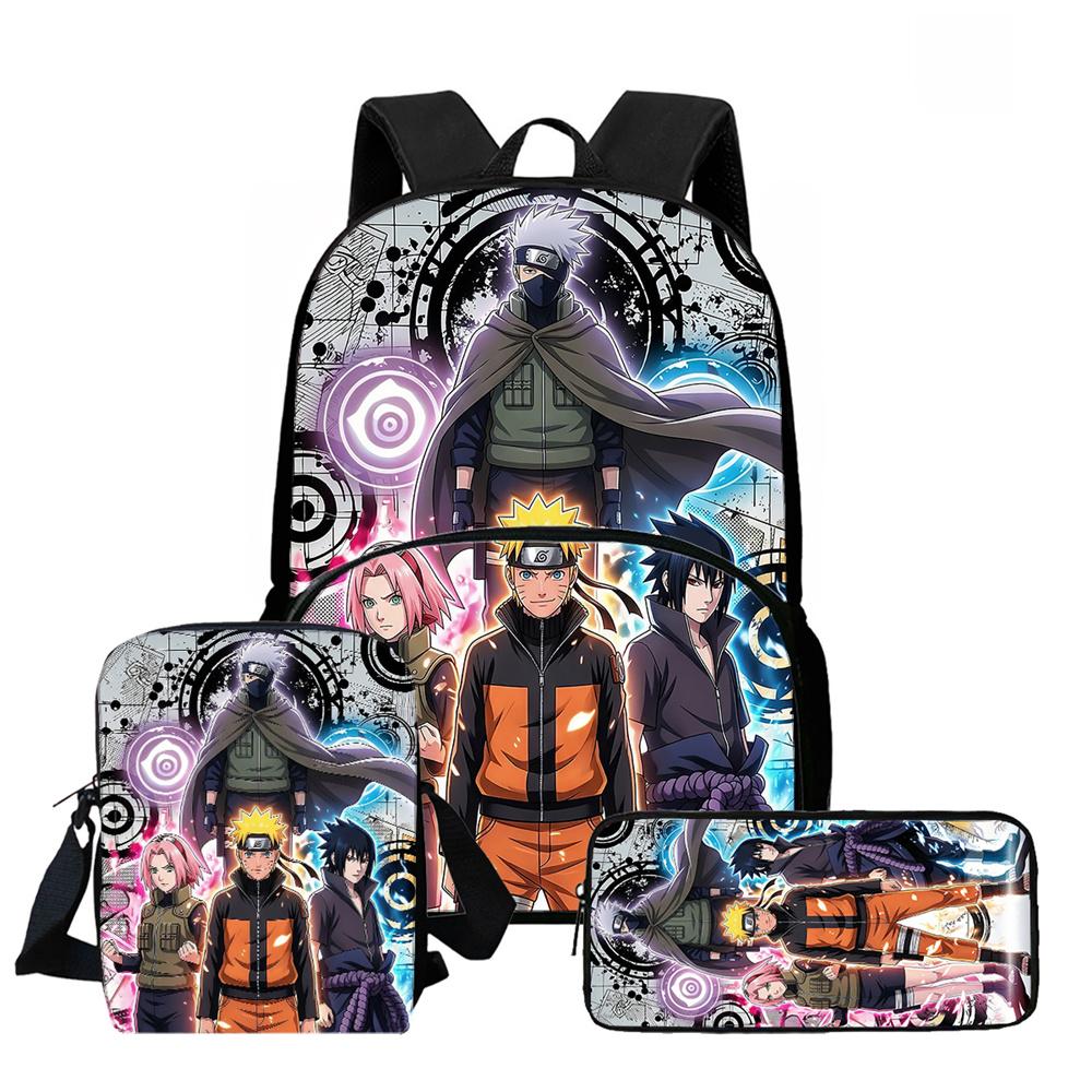 3Pcs Set School Backpack with Front Pocket, Crossbody Bag & Pencil Bag, Cartoon NARUTO, Lightweight for Boys & Girls Ages 6-10