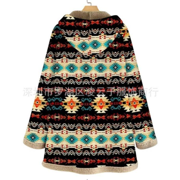 Hooded Jacket Women Plus Size Loose Long Coat Warm Fleece Retro Printed Outwear Pockets