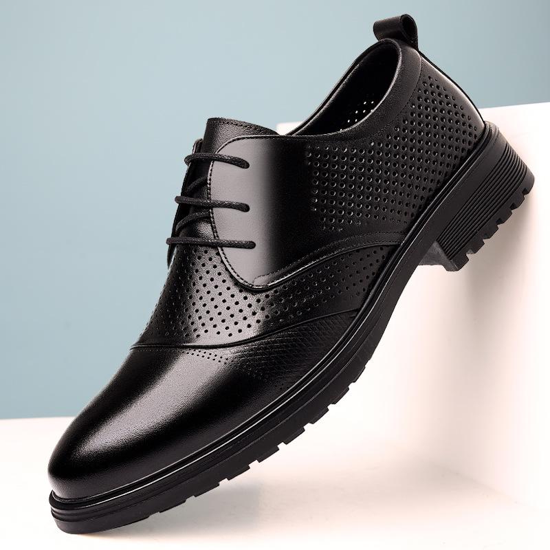 FashionMen's Dress Shoes Fashion Casual Cow Leather Hollowed Out Breathable Business Casual Lace-up Pointy Soft Soled Shoes for Men
