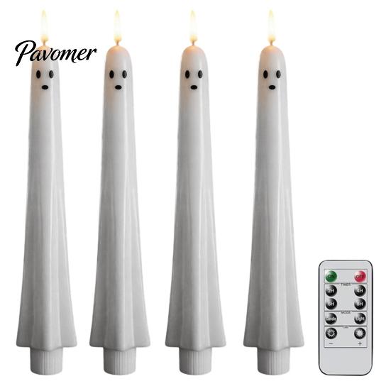 Halloween Ghost Candle Lights Flameless Taper Candles, Battery Operated Flickering Light with Real Wax Texture Candles Remote, 3D Wick LED for Dinner