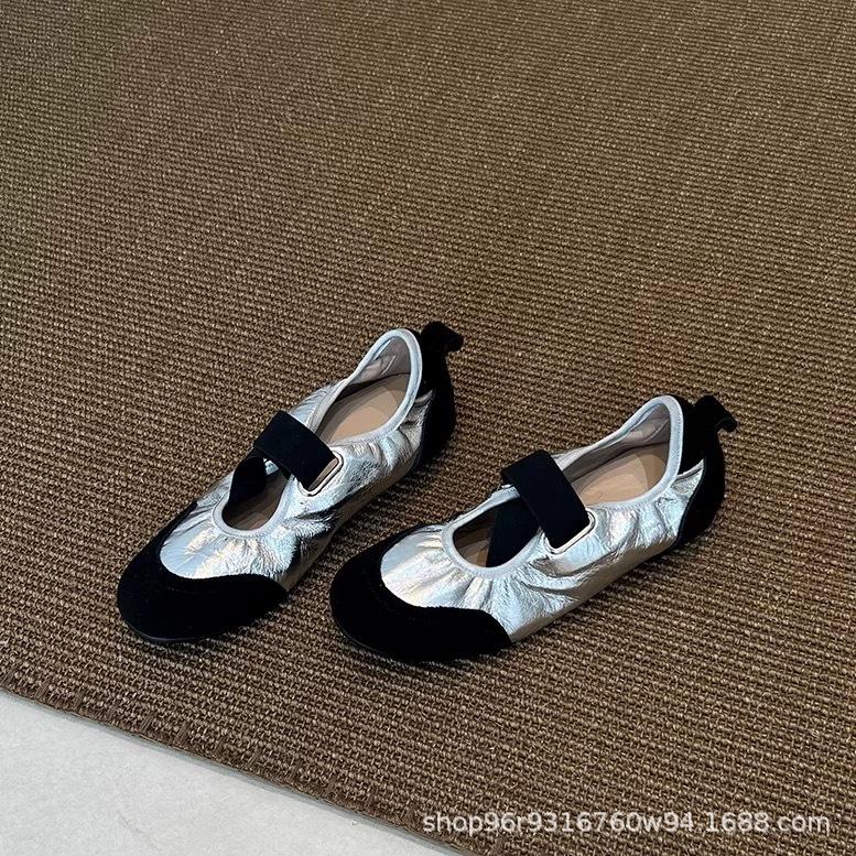 Cowhide Version~ French Retro Style Color Matching Round Head Light Mouth Mary Jane Shoes 2025 New Commuter Flat Shoes