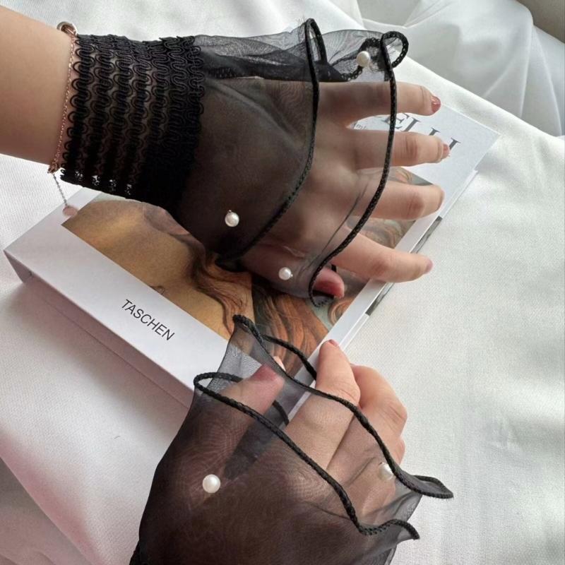 Elegant Lace Wrist Cuffs Breathable Mesh Gloves Pearls Beaded Layered Fake Sleeves For Women Fashion Sweater Accessories