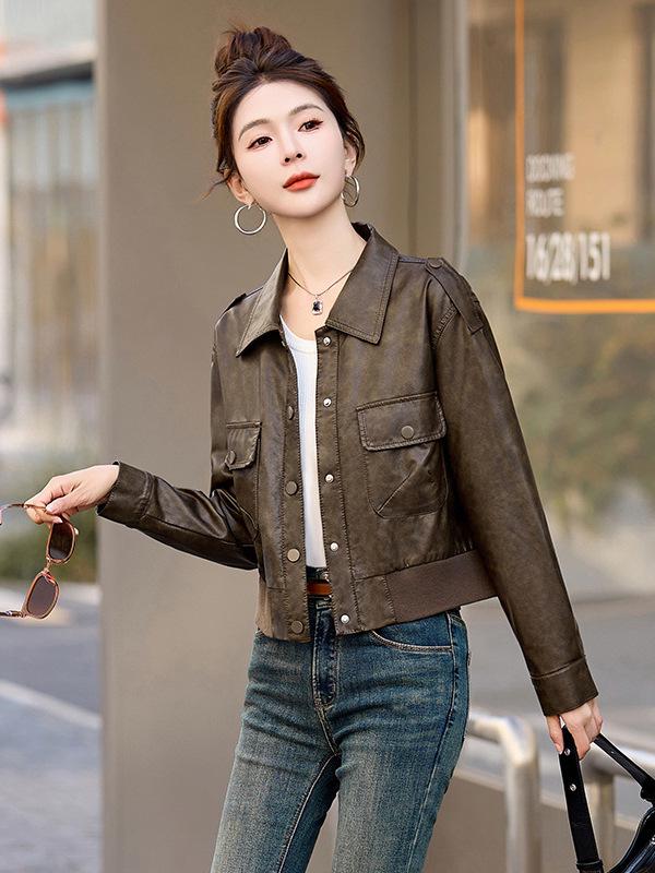 Women's Retro Genuine Leather Motorcycle Jacket, Spring/Autumn 2025 Fashion, Solid Color, Loose Fit, Short Style.