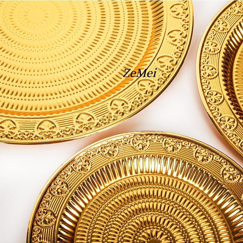 Round Fruit Plate,European-Style Exquisitely Carved Ripple Texture Metal Cake Tray,Dessert Living Room Snack Plate Decoration