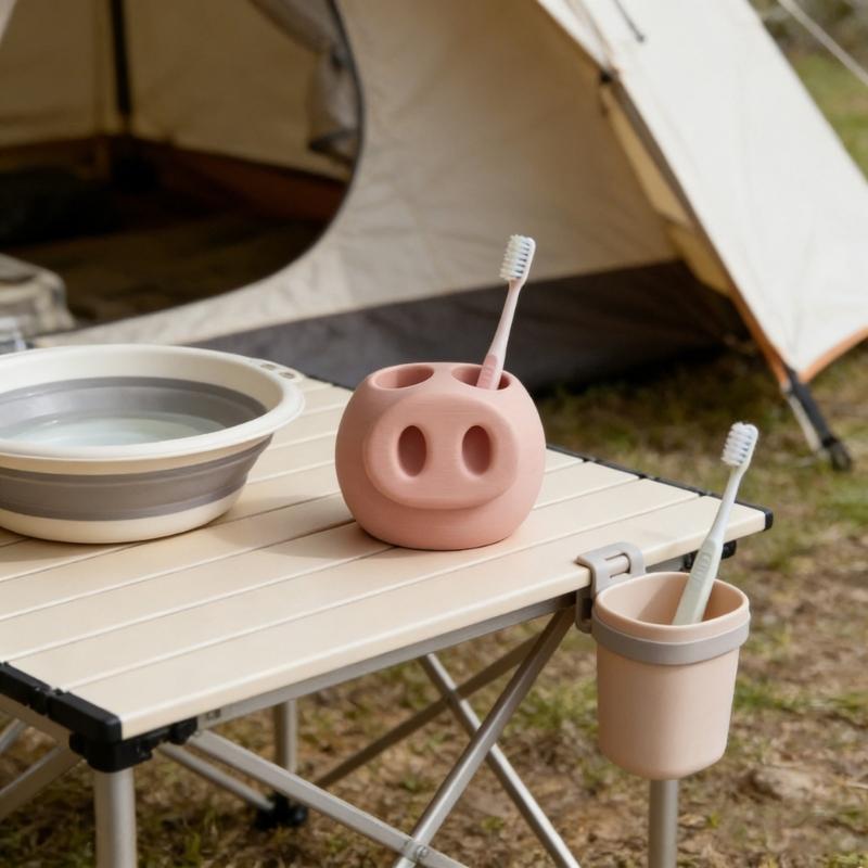 Cute Pink 3D Printed Snout Toothbrush Toothpaste Holder 3D Printed Design for Bathroom Countertop Accessories