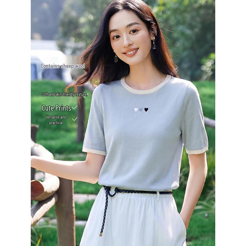 Chushen Women s V-Neck Knit Colorblock Short Sleeve Top M