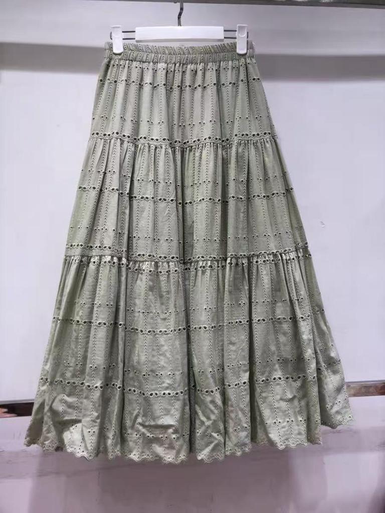 Autumn French Chic Cotton Embroidered Lace Midi Skirt with Flare Umbrella Style
