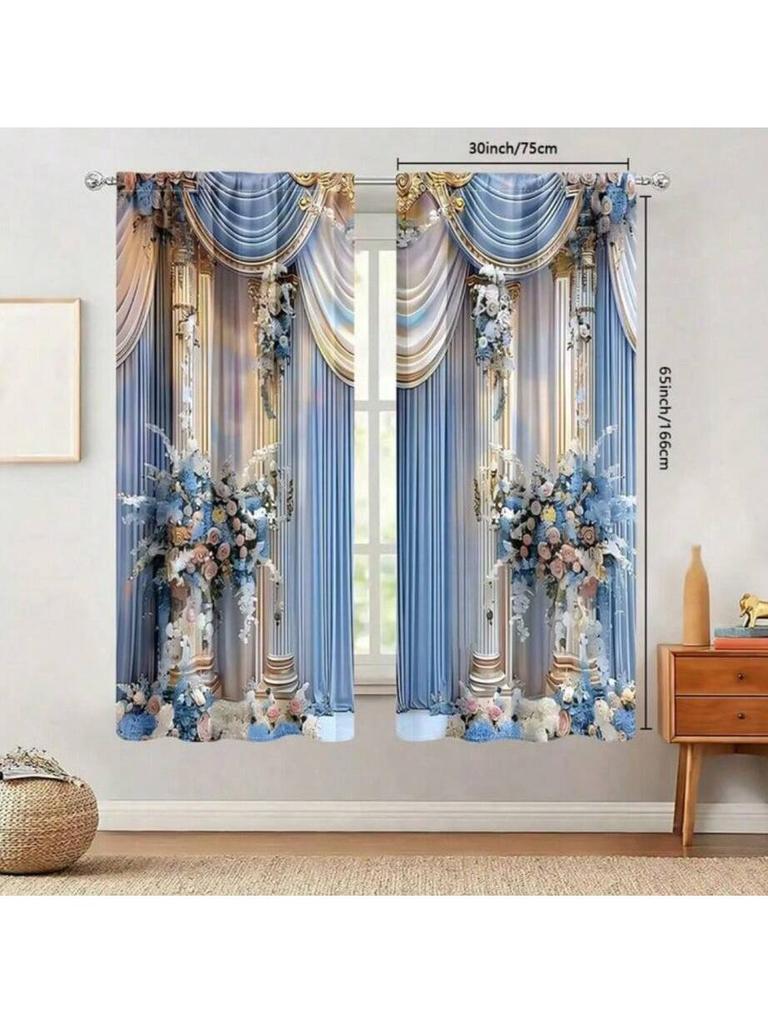 2 Pieces of Light Blue Flower Wedding Printed Curtains, Pole Bag Curtains 42*84, Home Decoration, Room Decoration