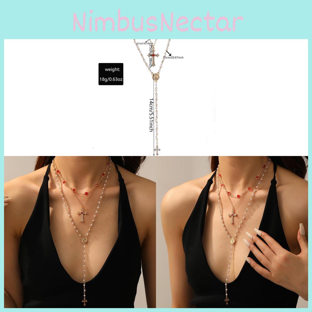 Cross Pendant Necklace With Pearl Look Geometric Design For Womens Fashion Accessories