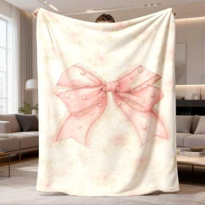 2026 New Arrival Flannel Blanket 1pc Elegant Pink Bow Blanket Soft Flannel, 100% Polyester, Geometric Pattern, Allseason Cozy Throw for Naps & Gifts, 