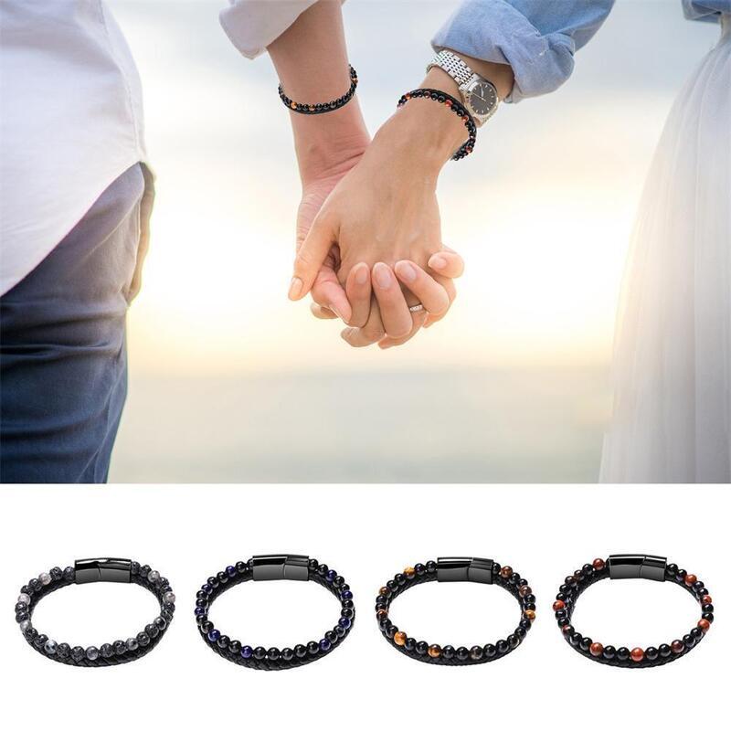 Men Double 21cm Layered Volcanic Stone Beaded Bracelet Alloy Clasp Leather Faux