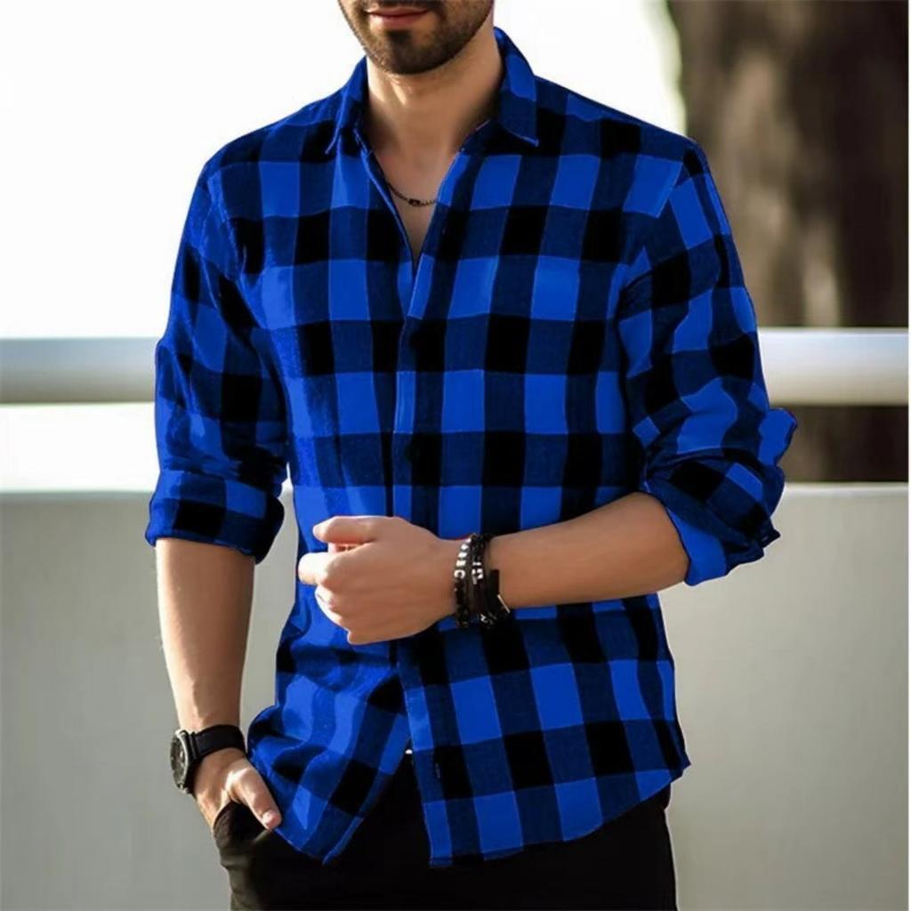 Camicia a quadri da uomo a maniche lunghe essenziale, casual e alla moda per l'uso quotidiano.