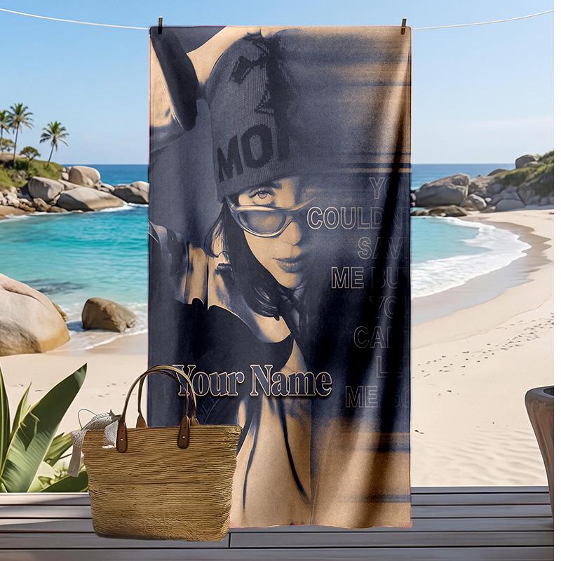 Billie Eilish Benutzerdefiniertes Strandtuch, Mit Ihrem Namen Text Bedrucktes Leichtes Saugfähiges Handtuch für Schwimmen Reisen