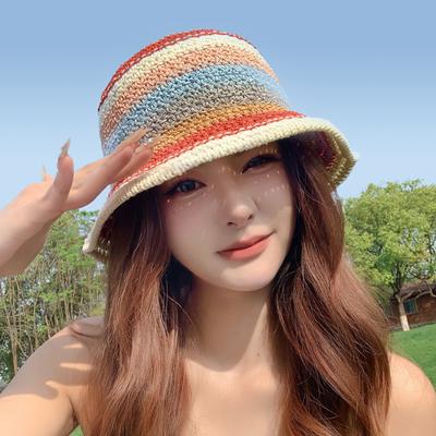 Rainbow Knitted Bucket Hat Summer Hat Women's Visor Hat Sun Protection Outdoor Sun Hat Small Fresh Woven Straw Hat Tide