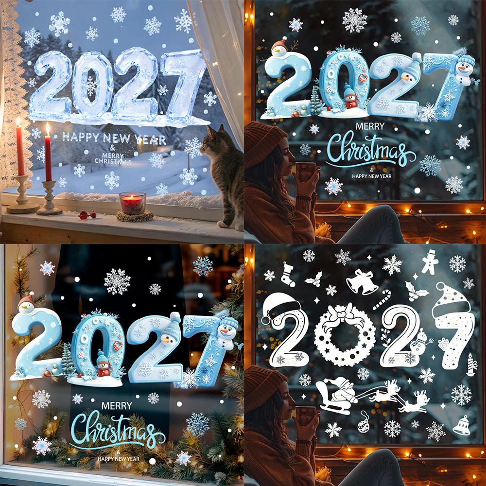 Christmas Ice Snowflake Window Stickers 2027 New Year Double Sided Same Color Peel & Stick Decals for Winter Home Decor